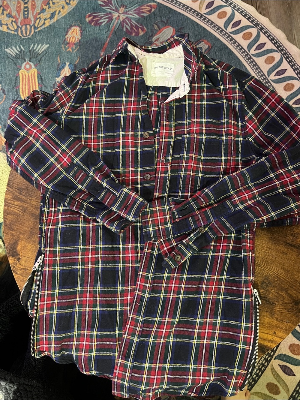 Navy, Red & Green Plaid Button-Front Shirt Jacket with size zipper detail